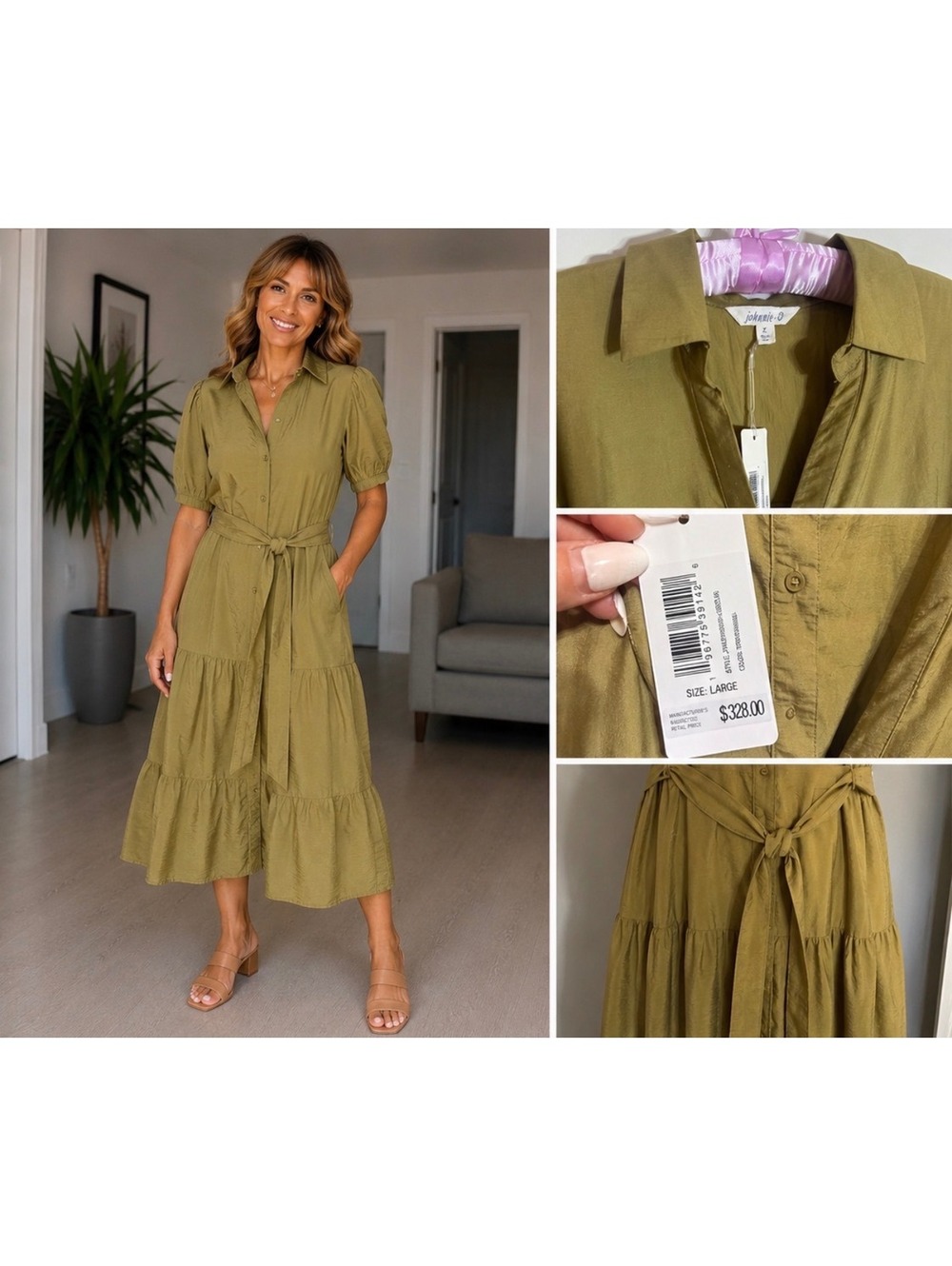 Johnnie-O Lorelai Button Up Tiered Maxi Dress Fennel Large NWT